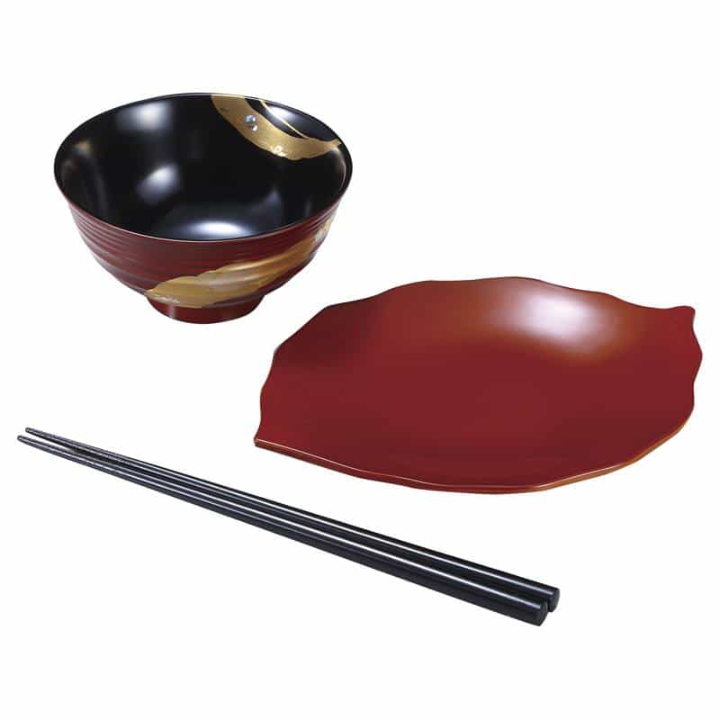 純金箔工芸 溜塗 金彩 飯椀木の葉盛皿セット（箸付）　(1100026220)